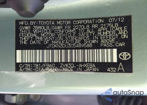 2012 Toyota Prius Two from USA, damaged, VIN JTDKN3DU3C5489588